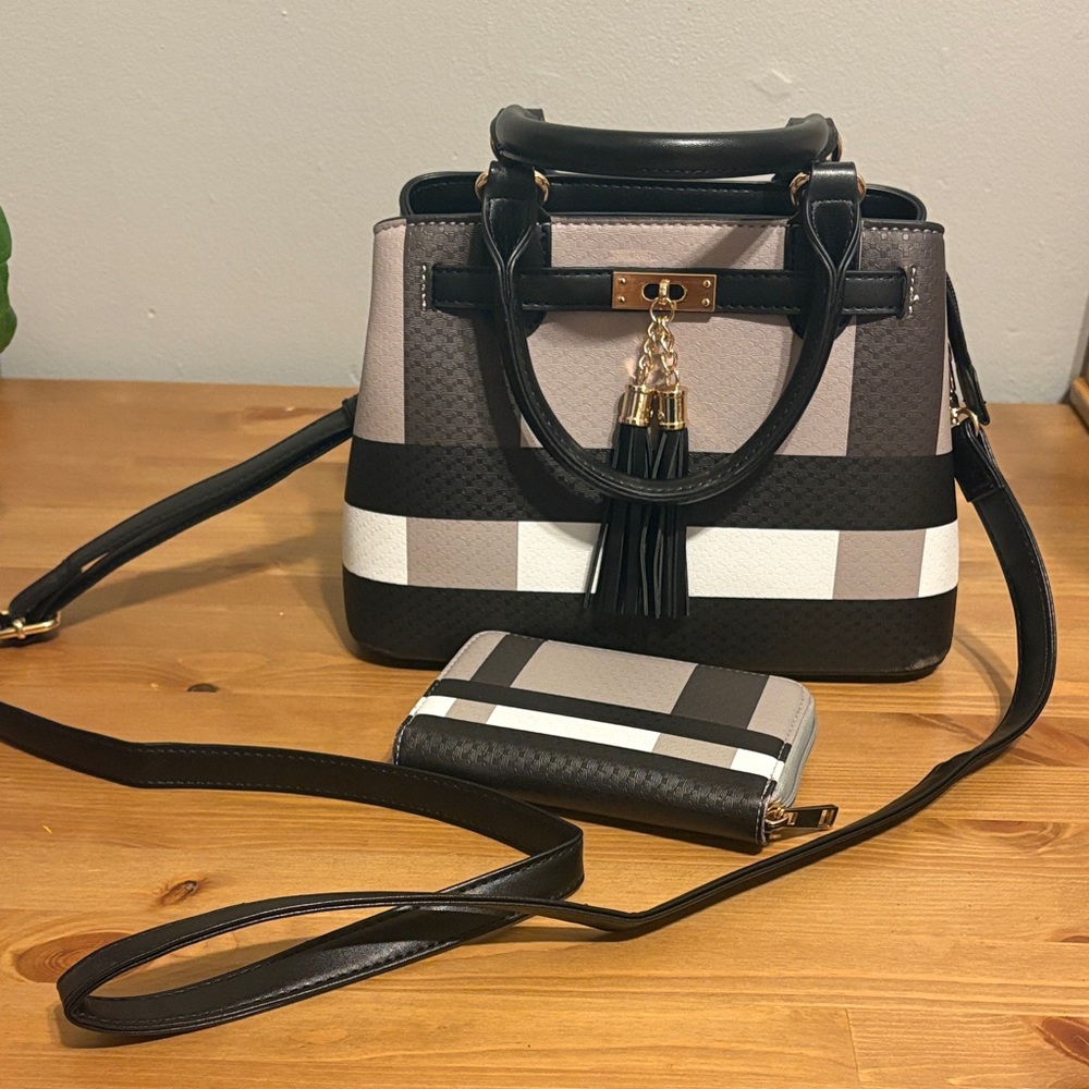 Elegant Black and Gray Women's Handbag and wallet